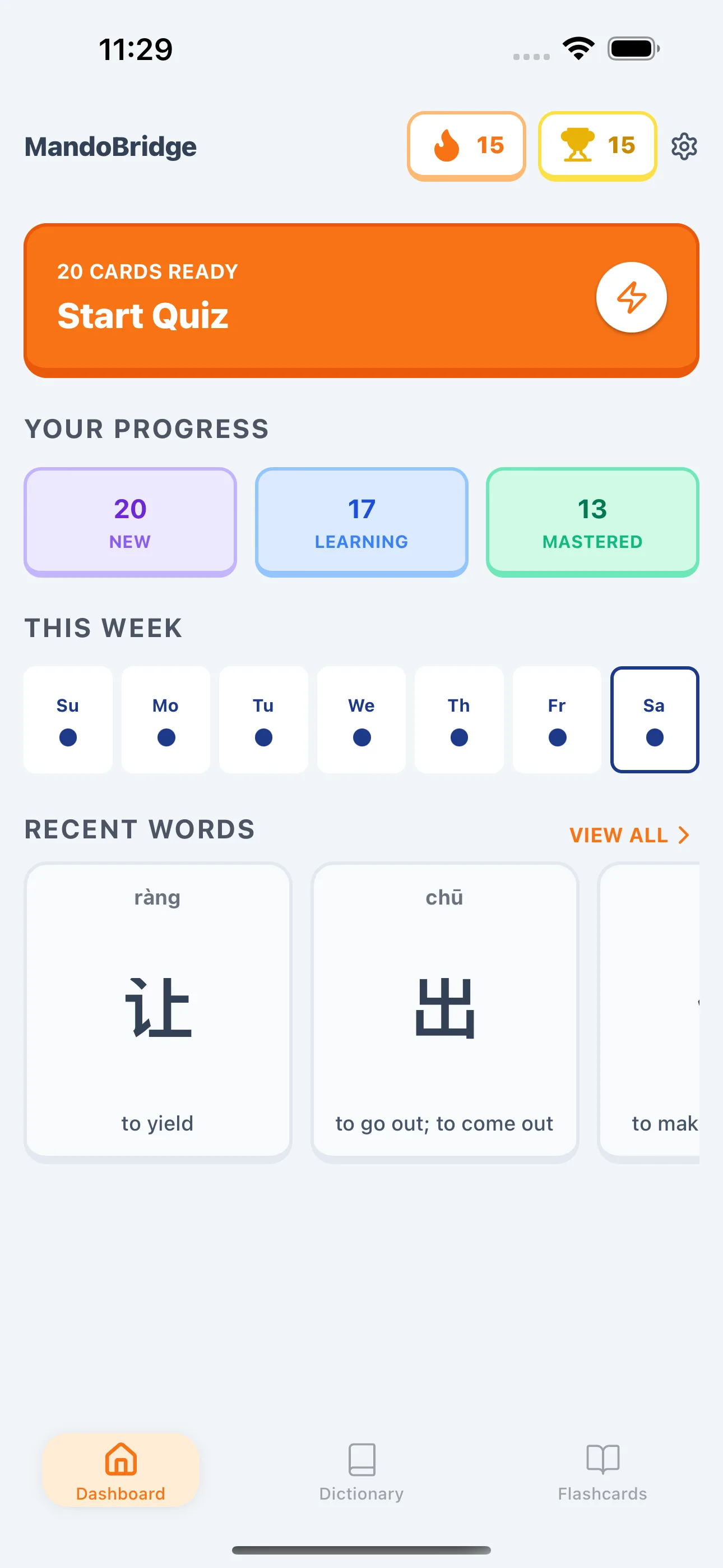 MandoBridge dashboard showing daily streak and review queue